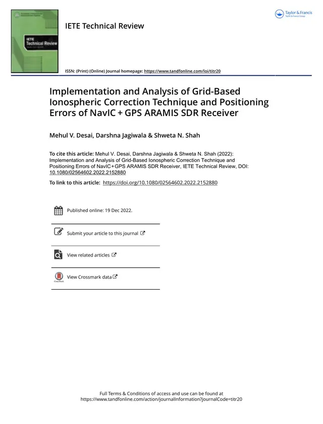 First page of the 2022 IETE Technical Review paper on the NavIC and GPS ARAMIS SDR receiver